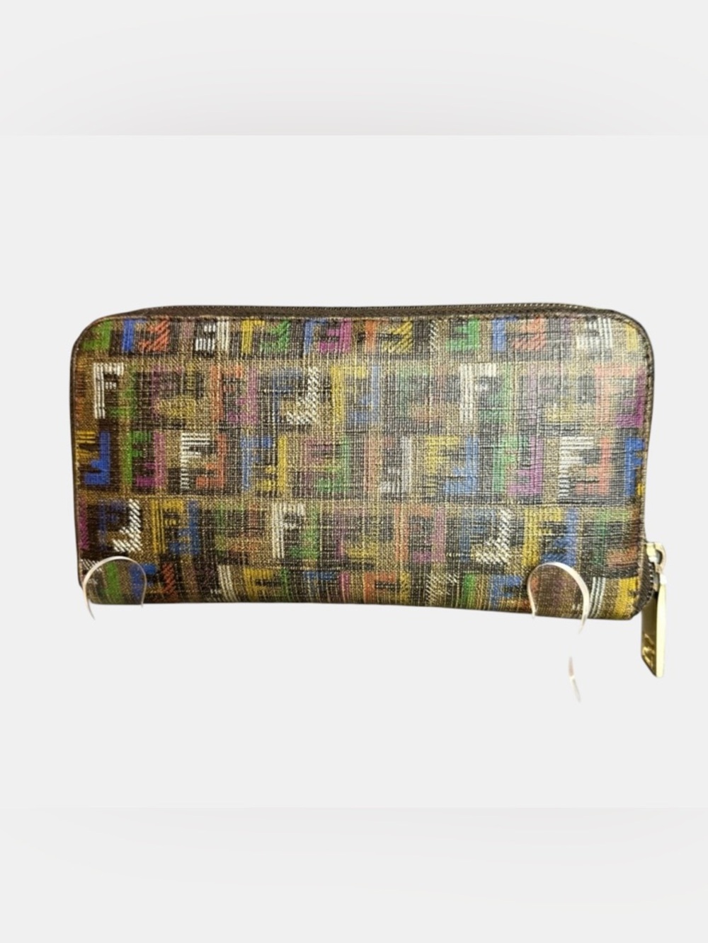 Fendi Luxury Multi Color Zucchino Pattern Zip Around Wallet